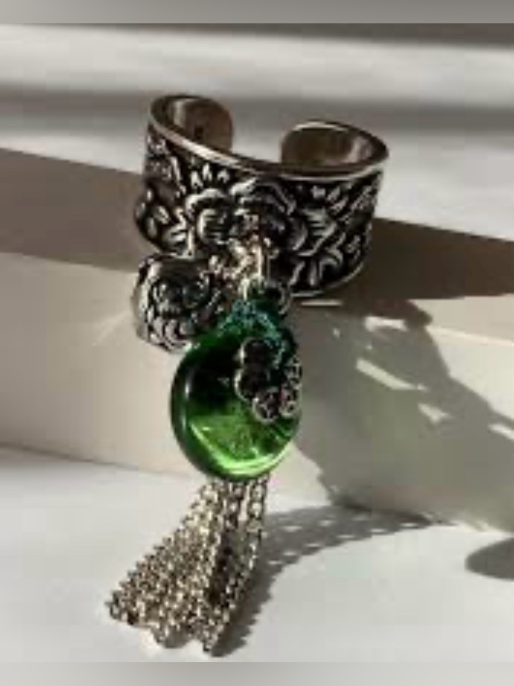 Sterling Silver 925 Floral  Ring with Green Jade Tassel Charm